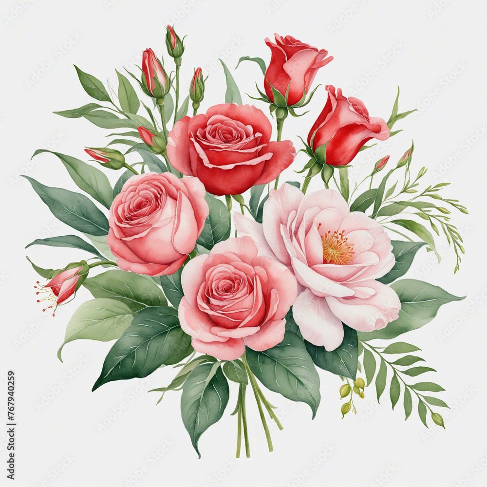Bouquet composition watercolor isolate on transparent background, valentines day concept colorful background