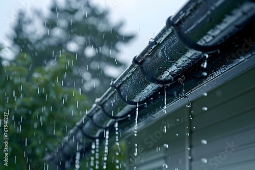 Rainwater dripping from a gutter on a house during a storm. Concept Rainwater, Gutter, House, Storm photo