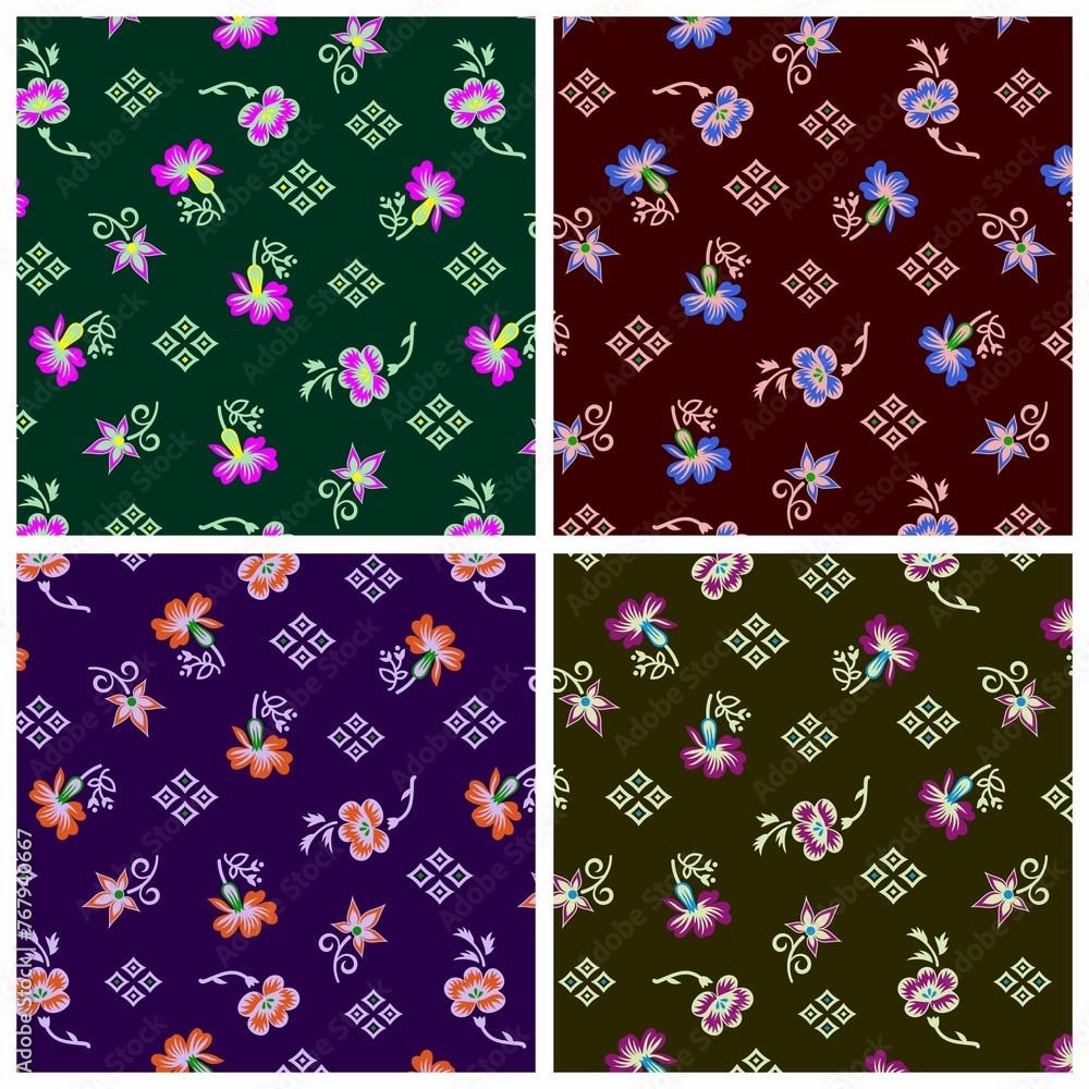 Fototapeta premium Collage of seamless backgrounds in different colors adorned with flowers