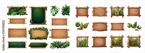 Collection of Wooden Signboards Adorned with Lush Green Foliage, Ideal for Nature-Inspired Themes and Rustic © Zaleman