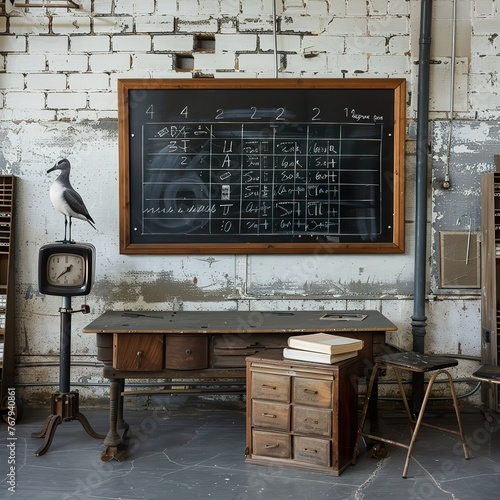 Retro classroom scene, algebra equations on the blackboard, albatross decals, and alarm details