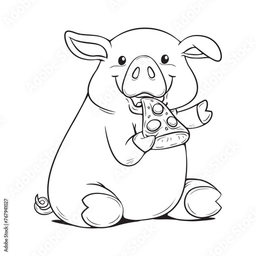 Cartoon black and white cute pig eating pizza hand drawn. 
Coloring Images, Flat, Poster, Vector, Illustration, Cartoon, EPS10. 