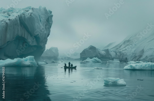 Photo of people in a small boat surrounded by icebergs off Greenland, with blue and teal colors, showing a beautiful natural scenery.