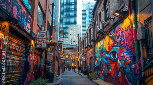 A bustling urban alley decorated with colorful graffiti and twinkling string lights at dusk, evoking a lively and artistic atmosphere.