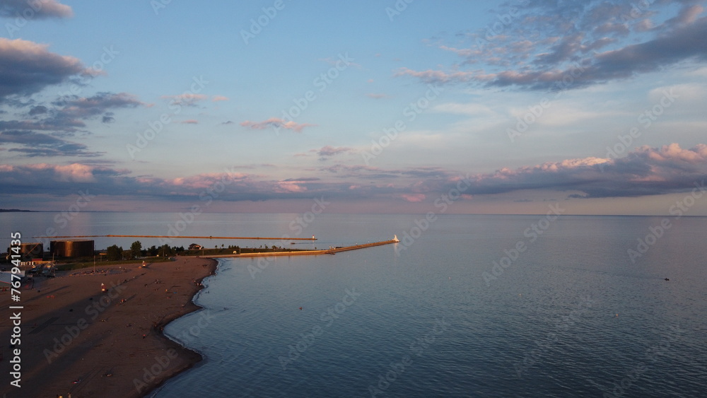Lake Erie Ontario, The great lake sunset by drone. This is Port Stanley beach 