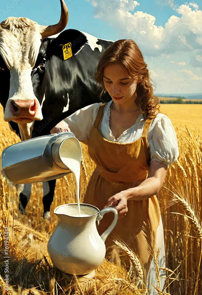 young adult female Farmer on wheat field pouring raw milk from jug into canister container. black cow on wheat background. woman sit in natural grass field. agribusiness concept. natural eco food - obrazy, fototapety, plakaty 
