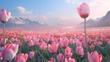 Pink Tulip Field With Mountains in Background