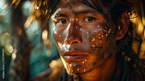 Close up face of tribe people in Amazon jungle, rainforest photo