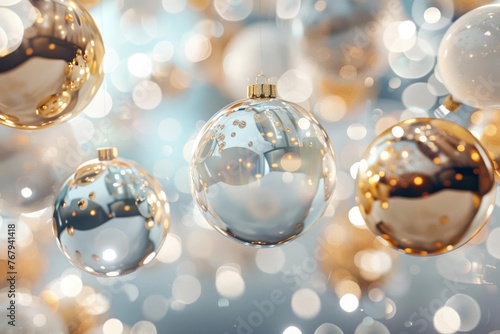 Shimmering gold and white Christmas ornaments floating in glass ball, festive 3D illustration