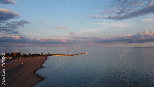 Lake Erie Ontario  The great lake sunset by drone. This is Port Stanley beach 
