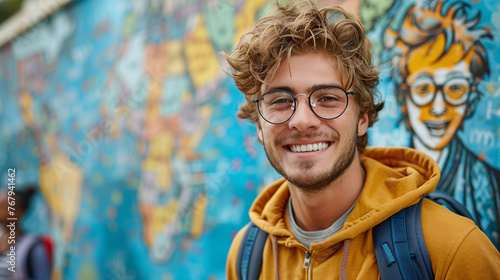 Smiling young man with glasses and curly hair wearing a yellow hoodie against a colorful graffiti wall background. © amixstudio