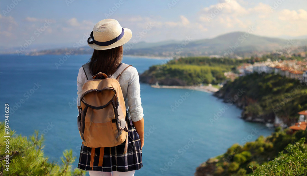A girl in a hat with a backpack stands up. She is looking down from a high cliff to the sea and bay below. Backpacker vacation concept 