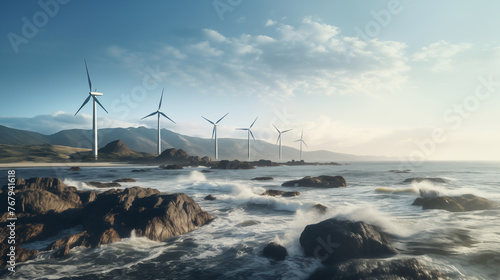 Wind farm in the ocean on sunset background.
