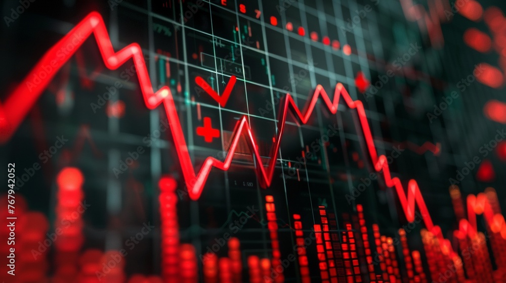 Detailed capture of a stock exchange screen showing a steep decline, with focus on the red downward arrow ,close-up Detailed capture of a stock exchange screen showing a steep decline, with focus on the red downward arrow ,close-up