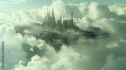 A majestic futuristic metropolis soars above a sea of clouds, evoking a sense of advanced civilization.