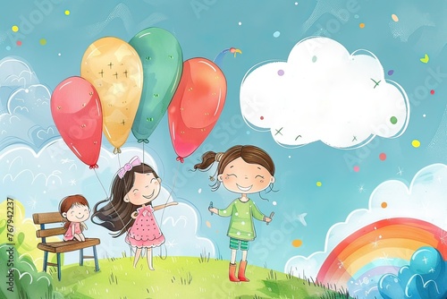 Happy Children's Day greeting card. Cartoon children in the park, festive background. Generative AI.