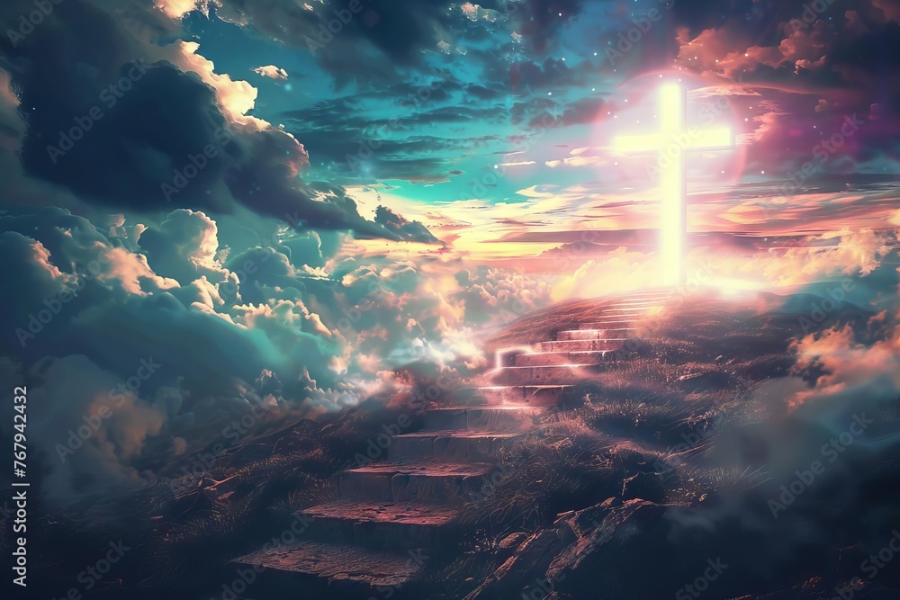 Stairway to heaven leading to glowing cross, spiritual journey to salvation and enlightenment, digital illustration - obrazy, fototapety, plakaty 