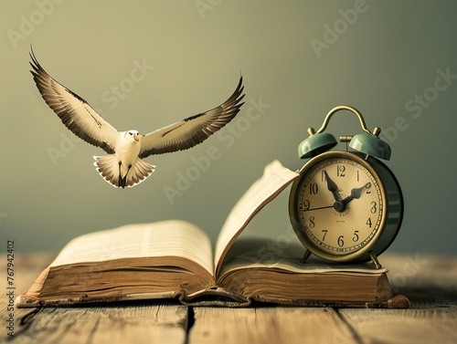 Vintage alarm clock ringing beside an algebra book, albatross soaring in the background