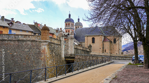 Collegiate Church of Our Lady and Saint Nicholas of Briançon above the walls of the fortified old town of Briançon built by Vauban in the French Alps