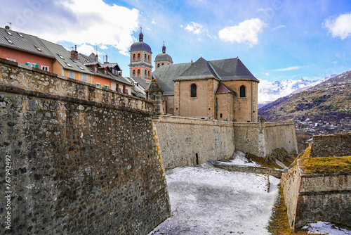 Collegiate Church of Our Lady and Saint Nicholas of Briançon above the walls of the fortified old town of Briançon built by Vauban in the French Alps