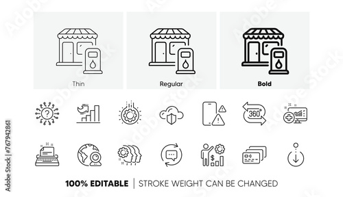 Employees teamwork, Cloud protection and Video conference line icons. Pack of Gear, Phone warning, Typewriter icon. Scroll down, Medical analytics, Card pictogram. 360 degree. Line icons. Vector