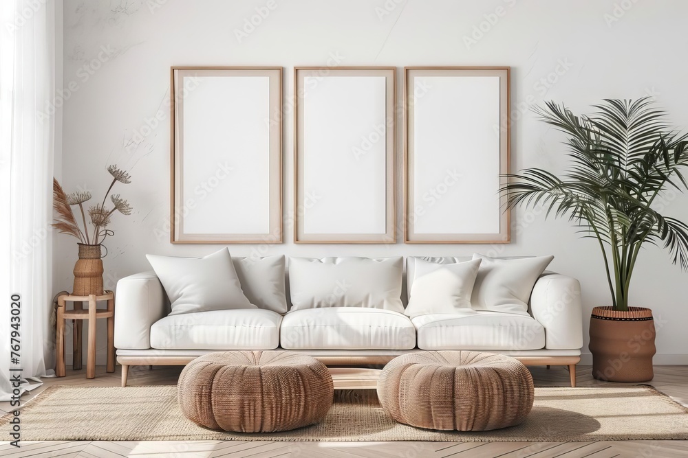 Three blank wooden poster frames mockup in minimalist living room interior, 3D rendering Three blank wooden poster frames mockup in minimalist living room interior, 3D rendering