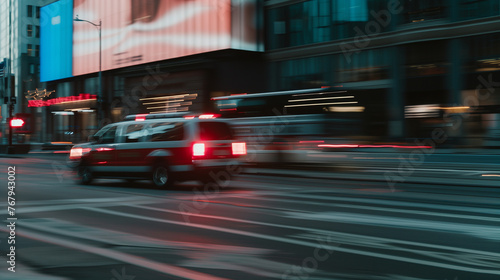 Ambulance car fast moving in dark city. Ambulance van on street with flashing lights