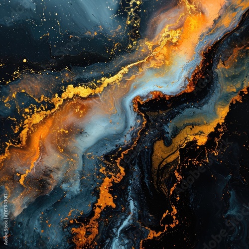 Abstract liquid acrylic painting, gold veins on black background