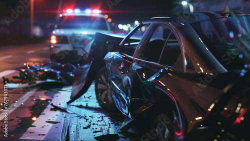 Car crash night scene with police car in the background photo