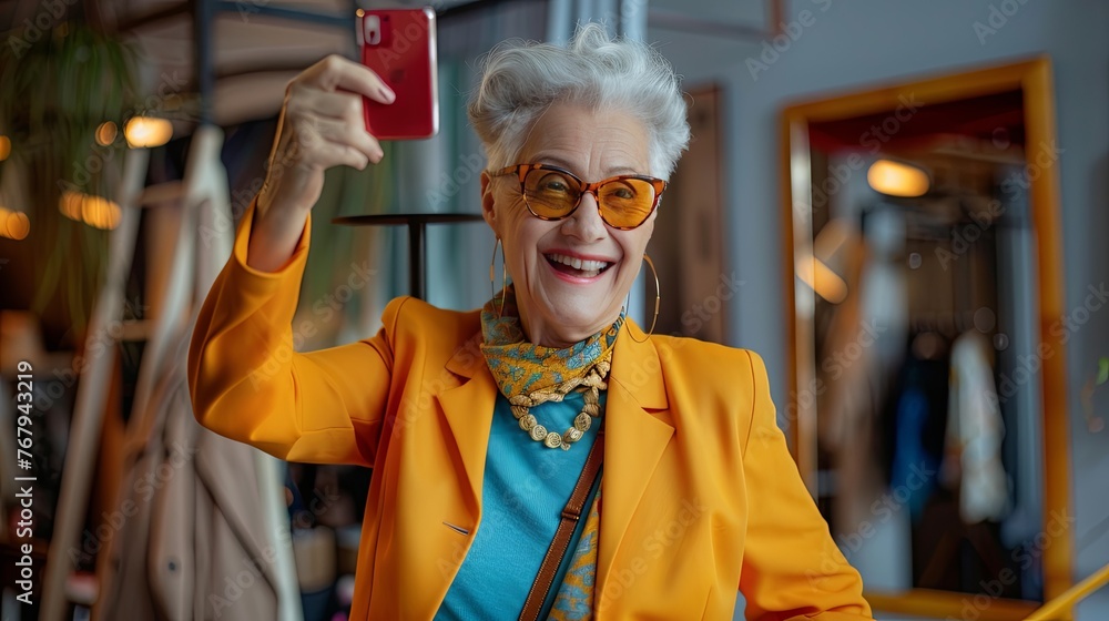 Cheerful mature woman in a yellow blazer taking a selfie, showcasing confidence and happiness. Joyful Senior Lady Taking Selfie with Phone

