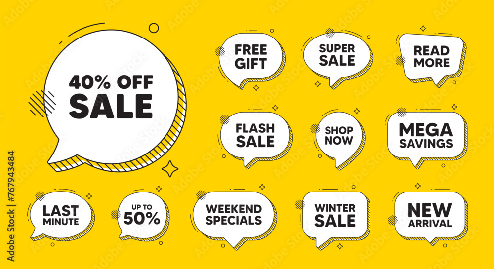 Obraz premium Offer speech bubble icons. Sale 40 percent off discount. Promotion price offer sign. Retail badge symbol. Sale chat offer. Speech bubble discount banner. Text box balloon. Vector