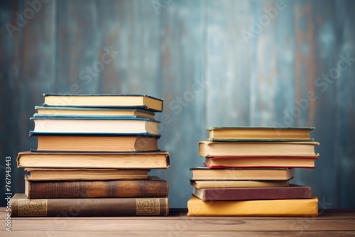 Stack of books on wooden table at the classroom. Education  study  teaching  learning  information and school concepts.