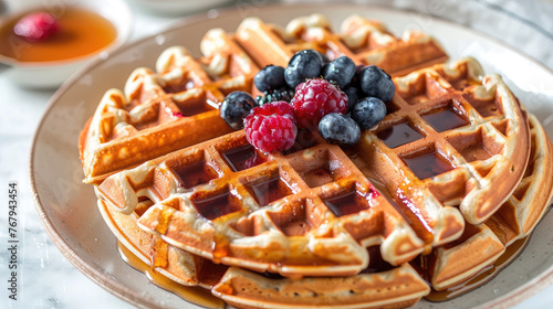 Waffles drizzled with syrup and adorned with fresh raspberries, blueberries on white plate on marble table. Tempting breakfast or dessert option, promoting culinary delights, brunch menus