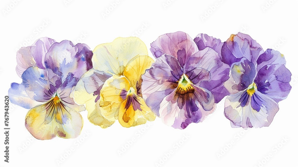 Watercolor pansy clipart in shades of purple, yellow, and white ,soft shadowns