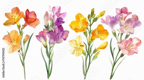 Watercolor freesia clipart with fragrant blooms in various colors ,clean sharp focus photo