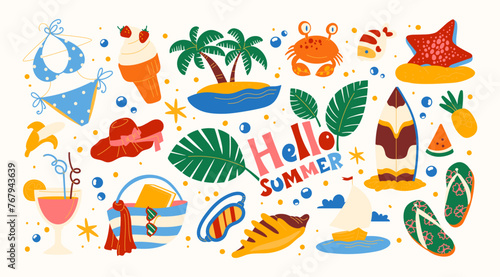 Cartoon summer beach stickers in retro 90s style. Summer party, vacation, beach season, shore, sun, swimwear. Bright groovy funky summer elements and shapes. Sticker pack of patches, labels, stamps, 