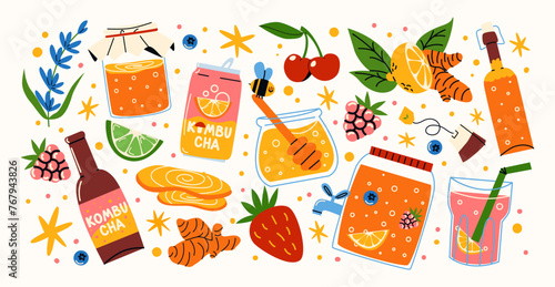 Set of kombucha, fermented homemade tea in cartoon style. Stickers with honey, healthy drink, ginger, fruit juice. Bottle, can of craft lemonade, tea