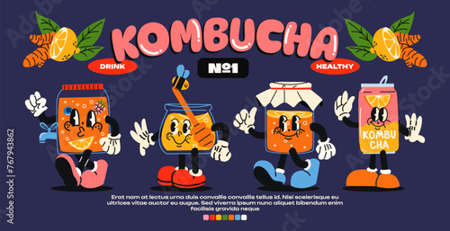 Mascot kombucha, fermented homemade tea in cartoon style. Poster with characters with gloved hands. With honey, healthy drink, ginger, fruit juice. Bottle, can of craft lemonade, tea