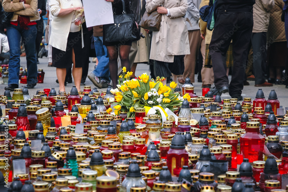 Mourning after John Paul II death, the day of pope's funeral in Warsaw, Poland