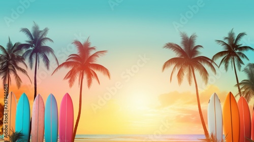 Sunset on the beach with palm trees and surfboard. Summer  vacation and travel concepts.