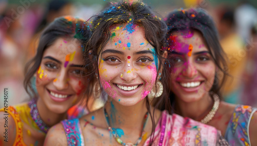 Happy Indian woman in traditional Indian dress with colorful powder on her face smiling and celebrating the holi festival