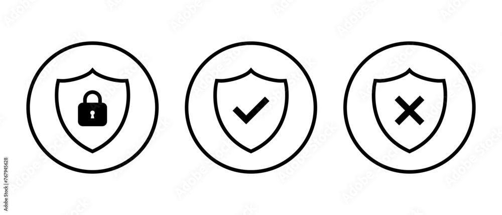 Shield with padlock, checkmark, and cross mark icon on circle line Shield with padlock, checkmark, and cross mark icon on circle line
