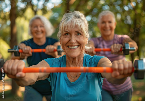 smiling group of senior people doing sports in park, one woman is holding dumbbells and another couple using tension bands to train their arms