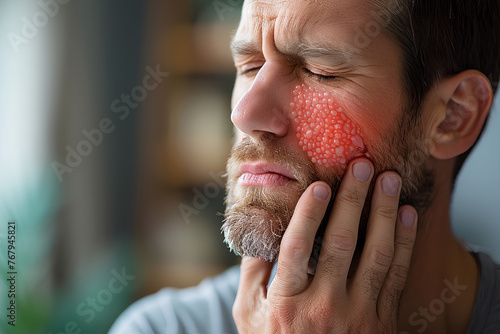 Close-up of a middle-aged man touching his face, expressing discomfort due to a severe red facial rash. Herpes Zoster (Shingles): A viral infection causing a painful rash. photo