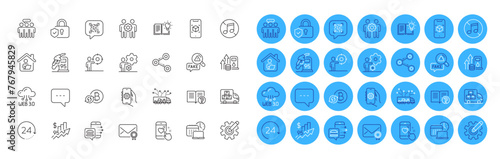 Fuel price, Fake news and Work home line icons pack. Job, Work time, Employees group web icon. Augmented reality, 24 hours, No music pictogram. Security lock, Employees teamwork, Heart rating. Vector