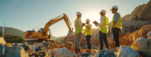 Scenic view of three engineers in yellow safety vests and white helmets standing on a construction site with a computer tablet