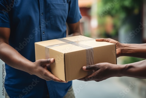Person in a blue uniform delivering a cardboard package to a recipient photo