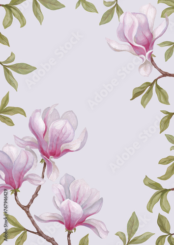 Hand painted acrylic illustration of magnolia flower. Perfect for poster, home textile, packaging design, stationery, wedding invitations and other prints (ID: 767946429)