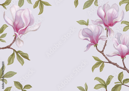 Hand painted acrylic illustration of magnolia flower. Perfect for poster, home textile, packaging design, stationery, wedding invitations and other prints (ID: 767946430)
