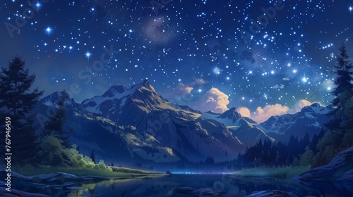 Night Scene With Mountains and Stars in the Sky